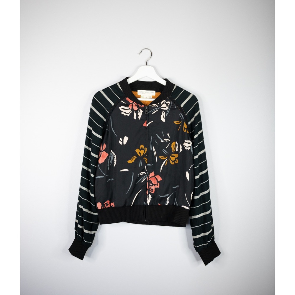 Saltwater Luxe Bomber Jacket Women XS Black Floral Stripe Zip Up S1332EVE
